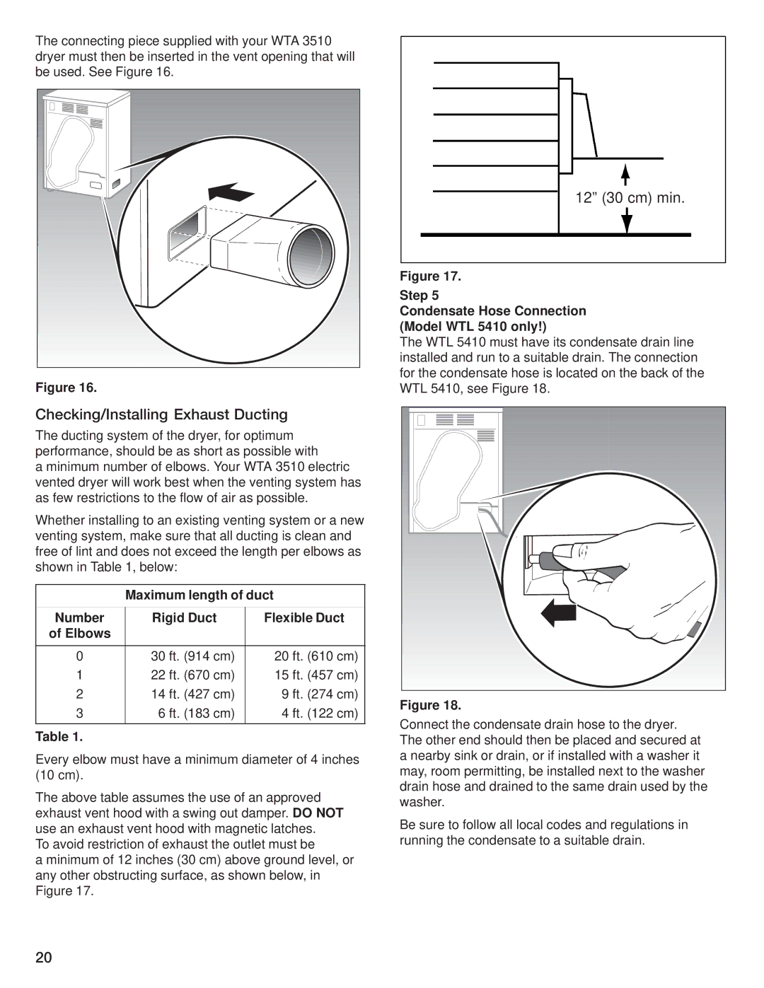 Bosch Appliances WTA 3510, WTL 5410 Checking/Installing Exhaust Ducting, Maximum length of duct, Rigid Duct Flexible Duct 