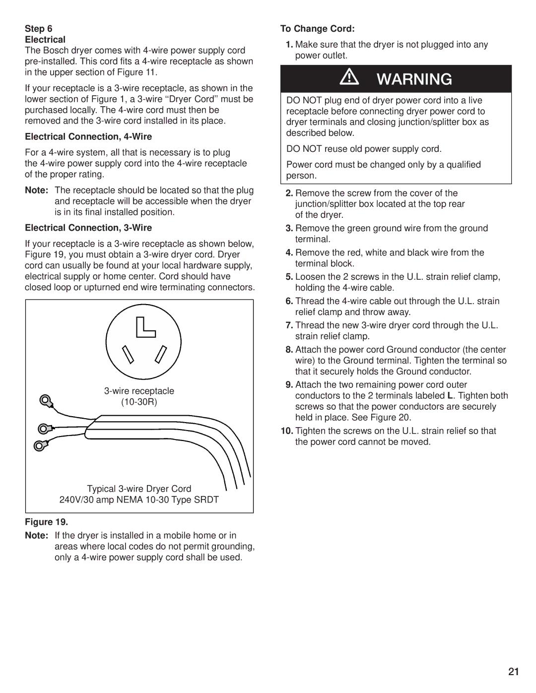 Bosch Appliances WTL 5410 Step Electrical, Electrical Connection, 4-Wire, Electrical Connection, 3-Wire, To Change Cord 