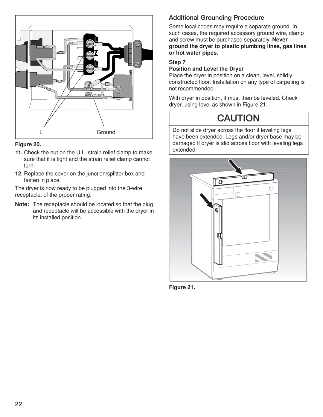 Bosch Appliances WTA 3510, WTL 5410 manual Additional Grounding Procedure, Step Position and Level the Dryer 