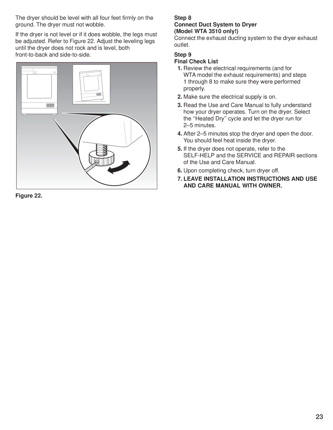 Bosch Appliances WTA 3510, WTL 5410 manual Step Connect Duct System to Dryer Model WTA 3510 only, Step Final Check List 