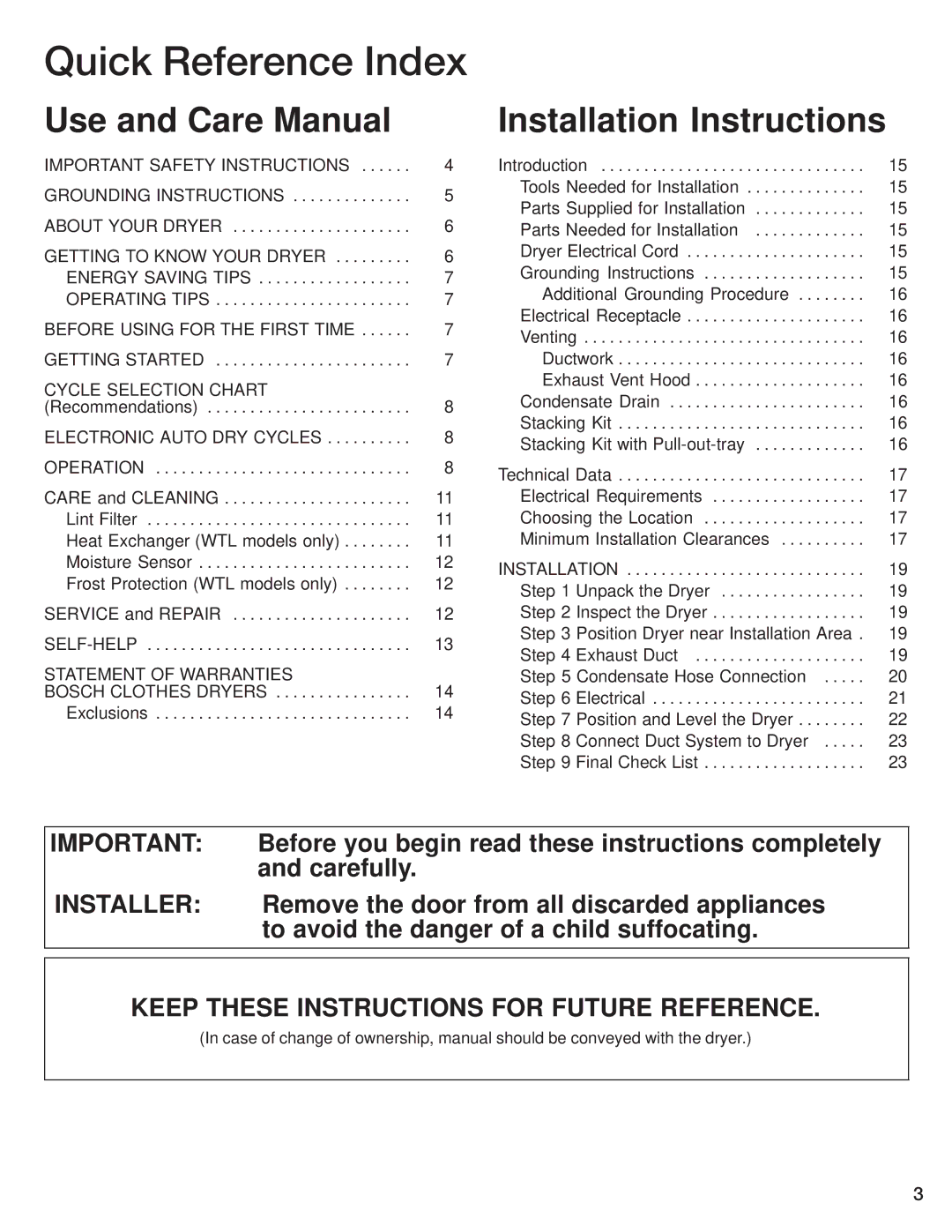 Bosch Appliances WTA 3510, WTL 5410 manual Installer, Keep These Instructions for Future Reference 