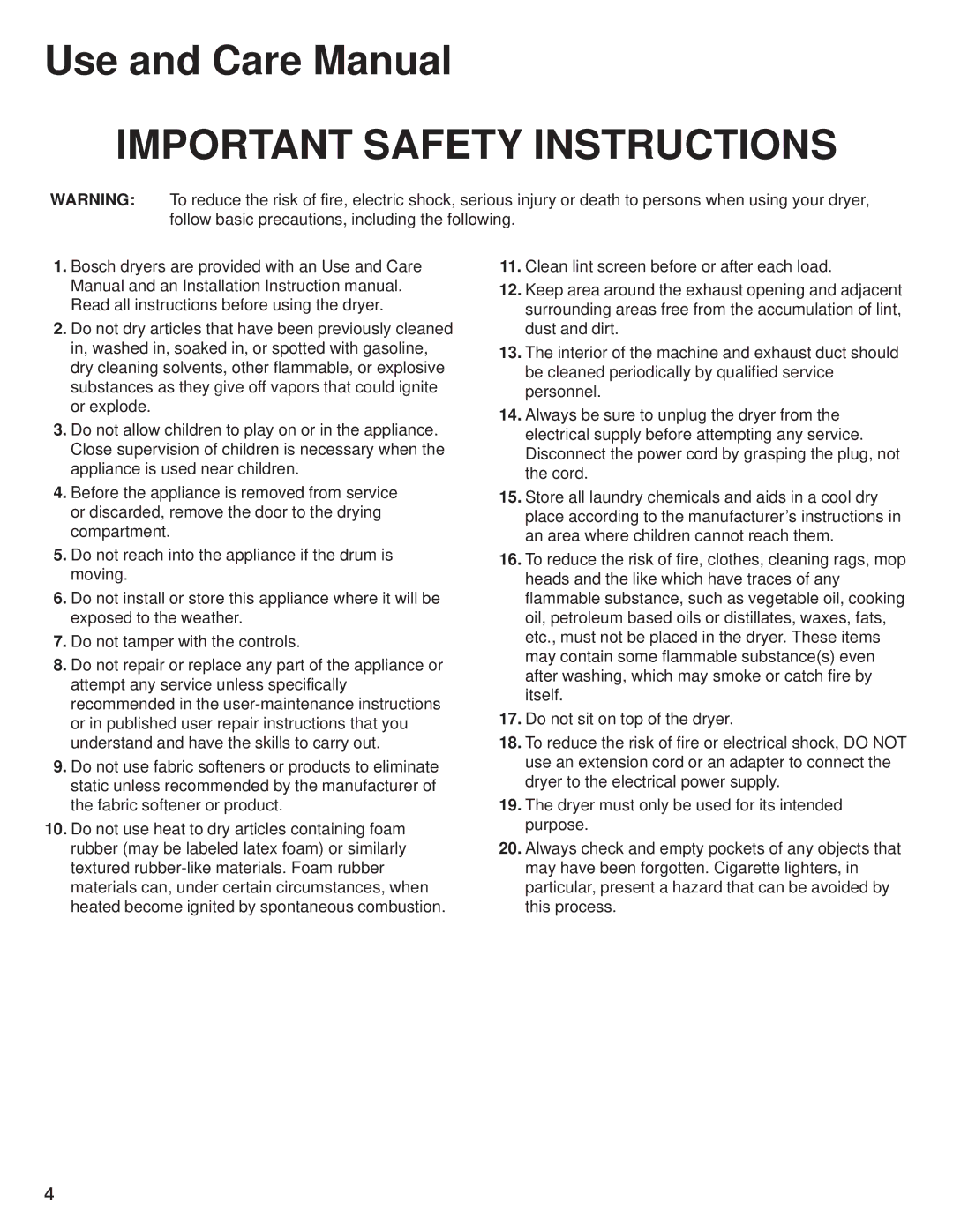 Bosch Appliances WTA 3510, WTL 5410 manual Important Safety Instructions 