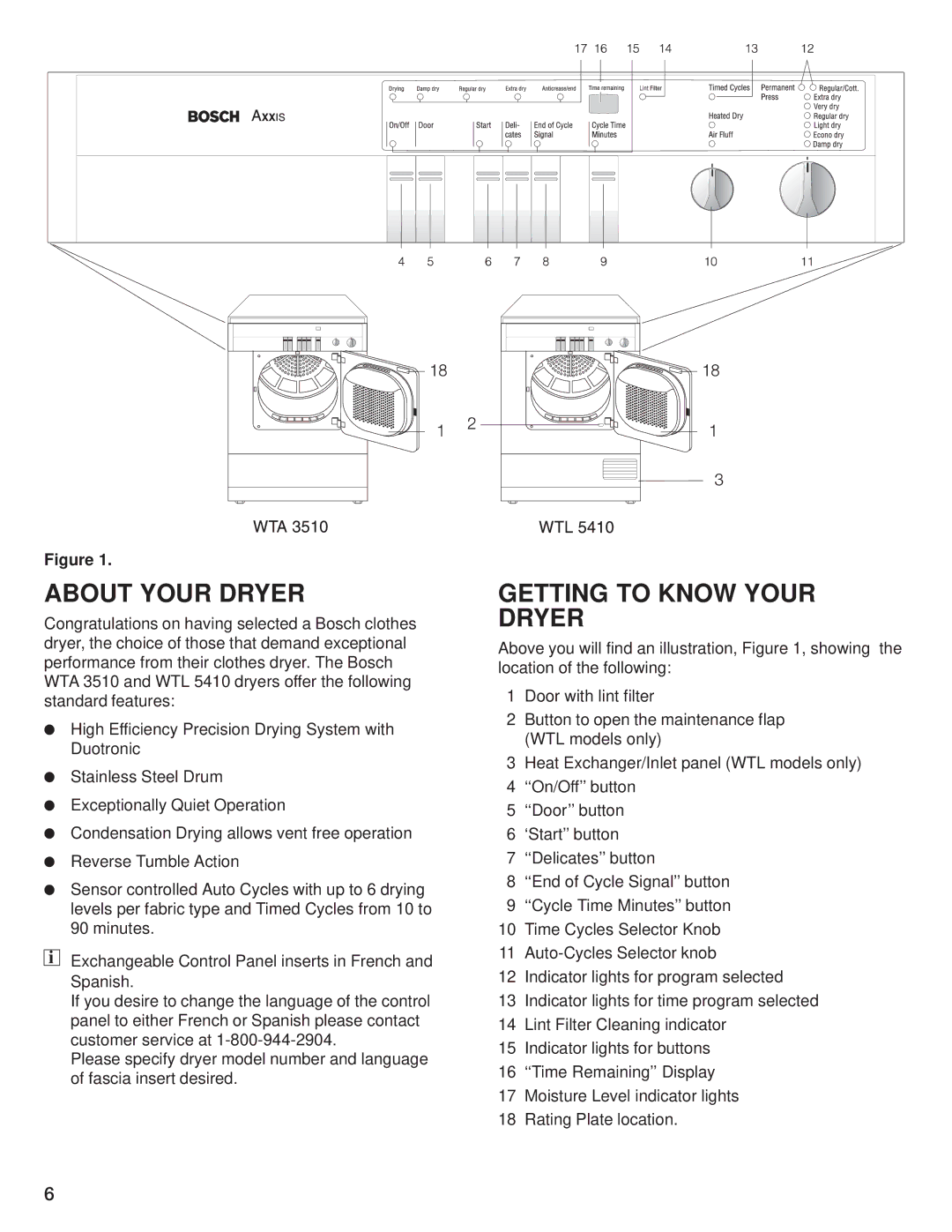 Bosch Appliances WTA 3510, WTL 5410 manual About Your Dryer, Getting to Know Your Dryer 