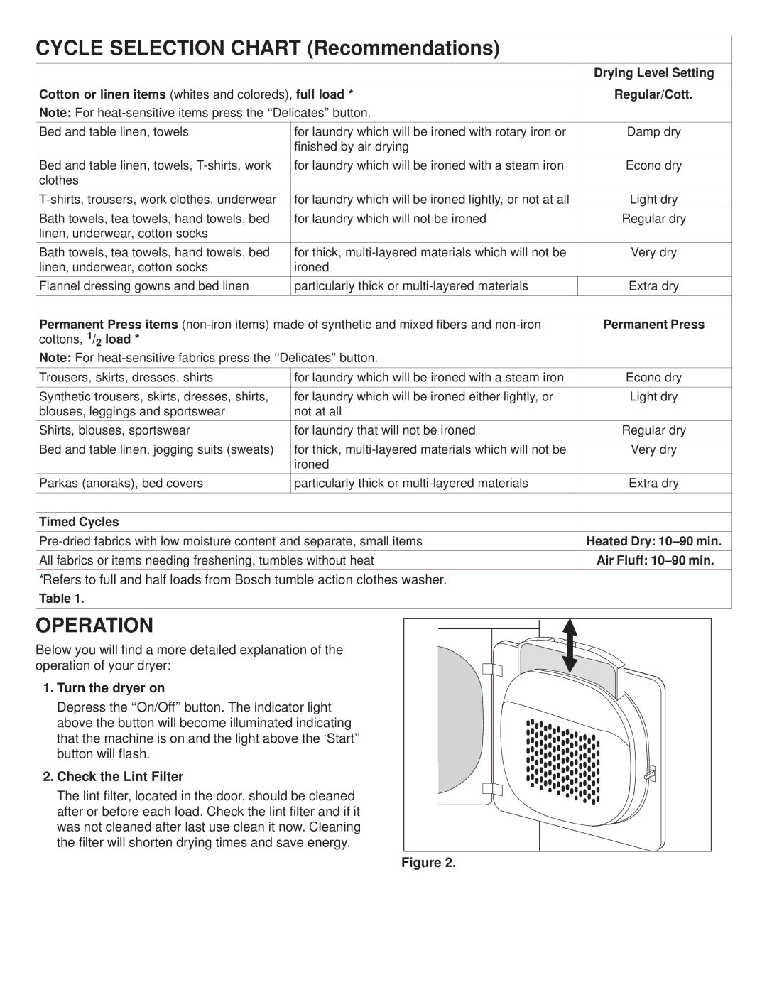 Bosch Appliances WTA 3510, WTL 5410 manual Cycle Selection Chart Recommendations, Operation, Ro Uo R, Turn the dryer on 