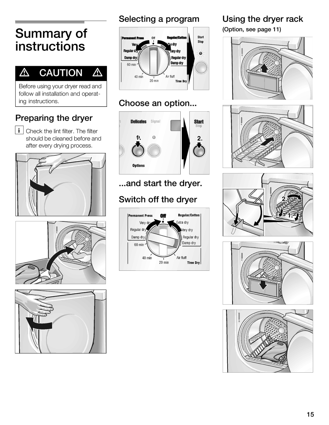 Bosch Appliances WTMC 3500UC Summary of instructions, Selecting a program Using the dryer rack, Choose an option 