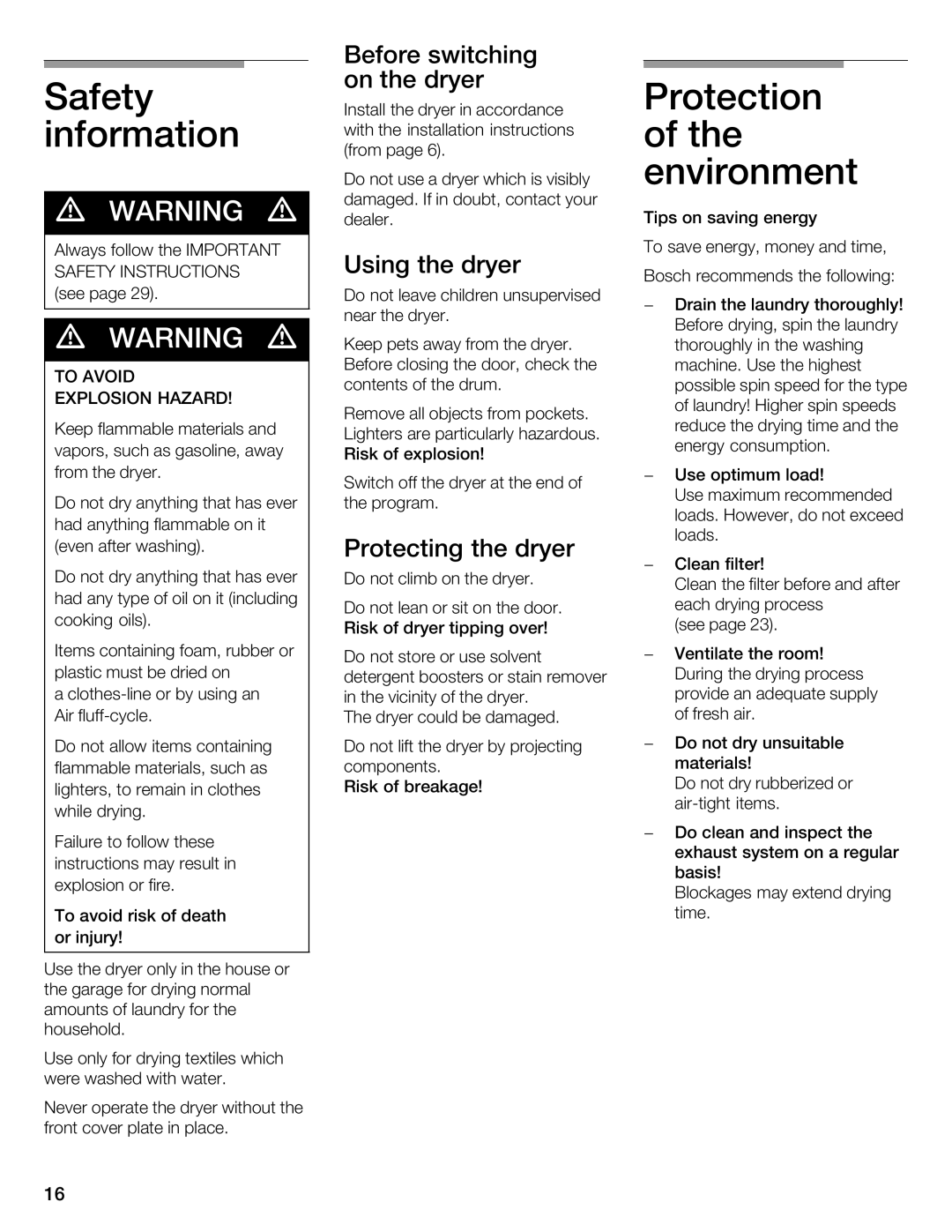 Bosch Appliances WTMC 3510UC, WTMC 3500UC Safety, Protection, Information, Before Switching, Protecting Dryer 