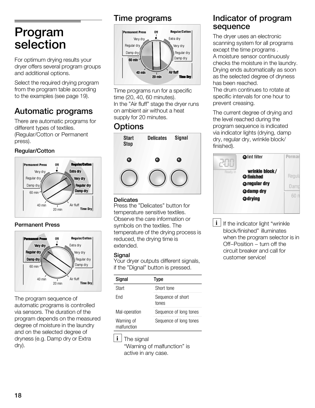 Bosch Appliances WTMC 3510UC, WTMC 3500UC Program selection, Automatic programs, Time Programs Indicator Sequence, Options 