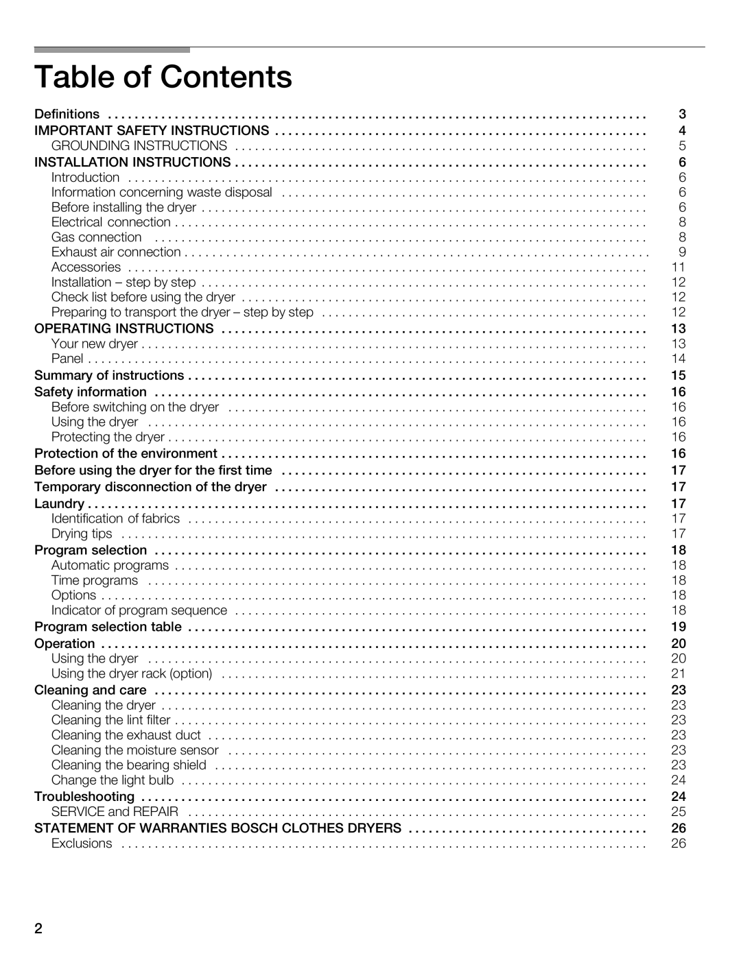 Bosch Appliances WTMC 3510UC, WTMC 3500UC installation instructions Table of Contents 