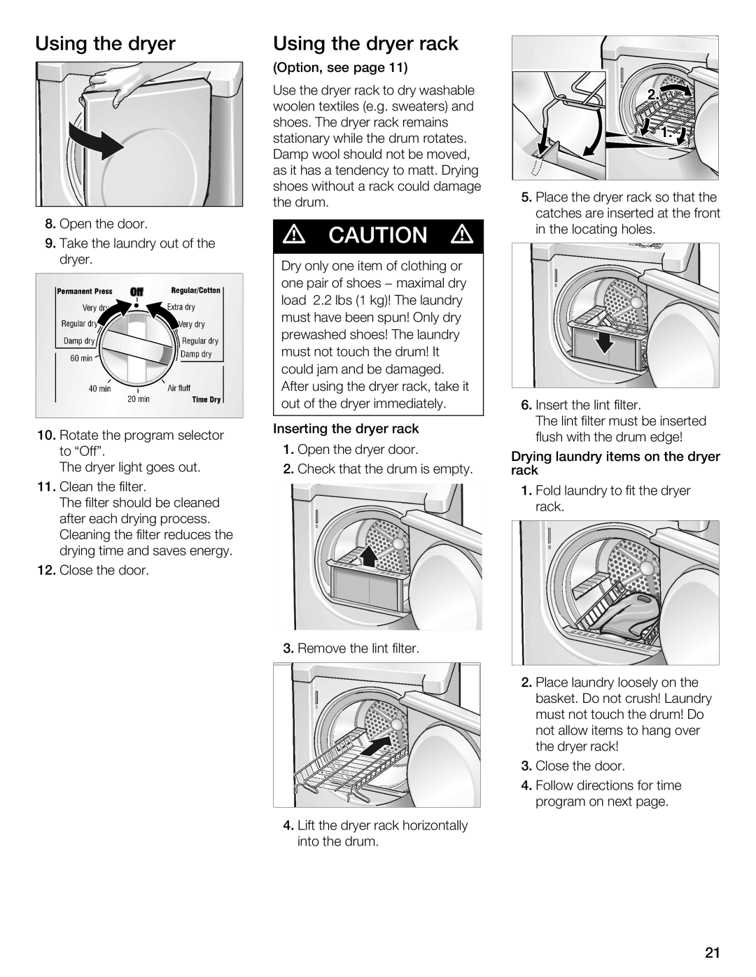 Bosch Appliances WTMC 3500UC, WTMC 3510UC installation instructions Using Dryer Rack 