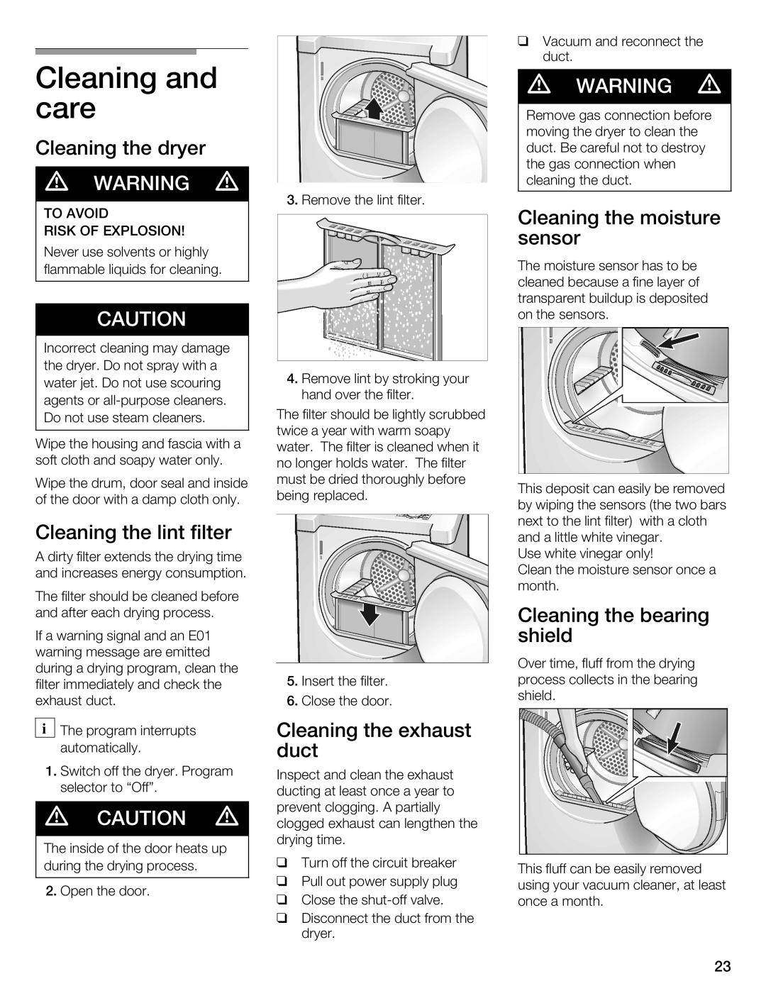 Bosch Appliances WTMC 3500UC Cleaning and care, Cleaning the dryer, Cleaning the moisture sensor, Cleaning the lint filter 