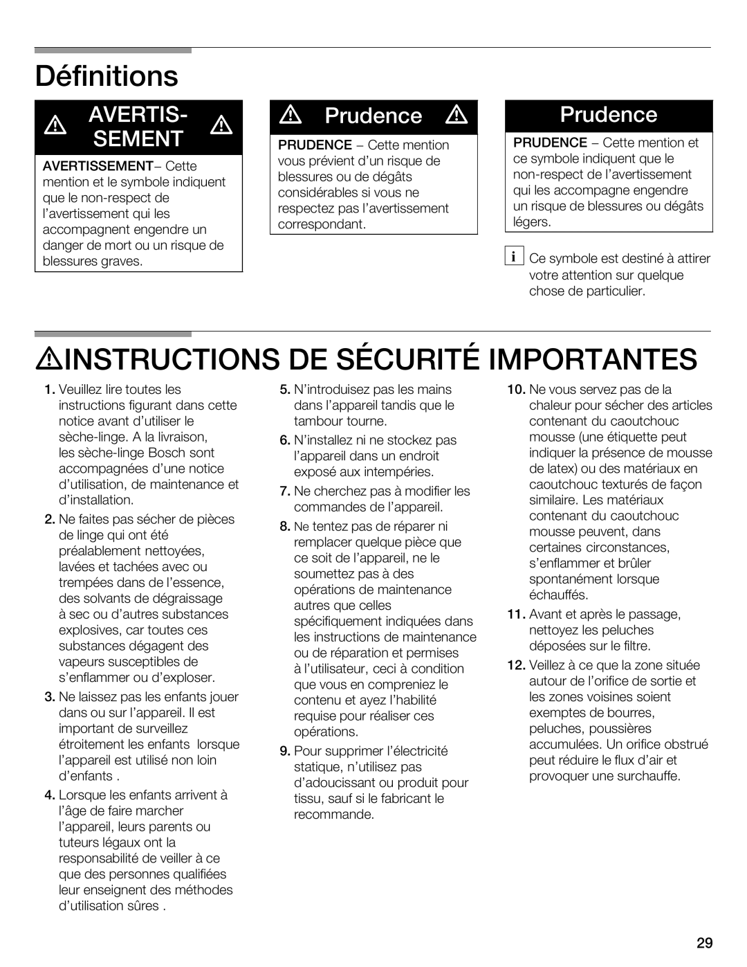 Bosch Appliances WTMC 3500UC, WTMC 3510UC Définitions, DINSTRUCTIONS DE Sécurité Importantes, Prudence d, Avertissement 