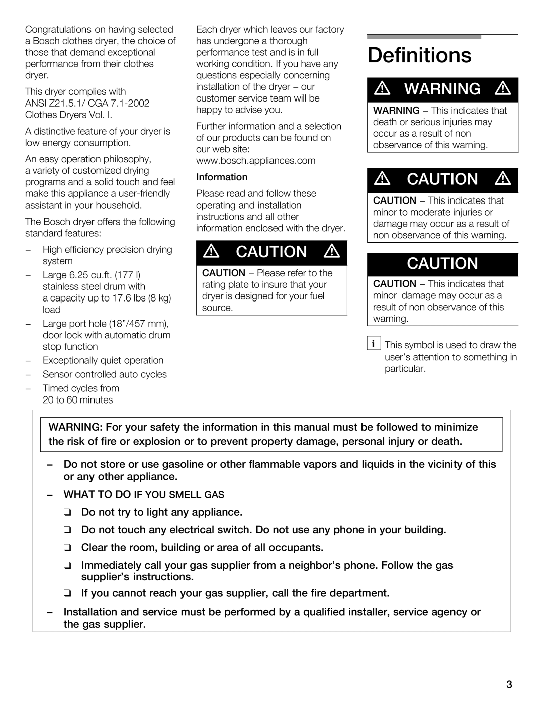 Bosch Appliances WTMC 3500UC, WTMC 3510UC installation instructions Definitions, Ansi, Cga, What to Doif YOU Smell GAS 