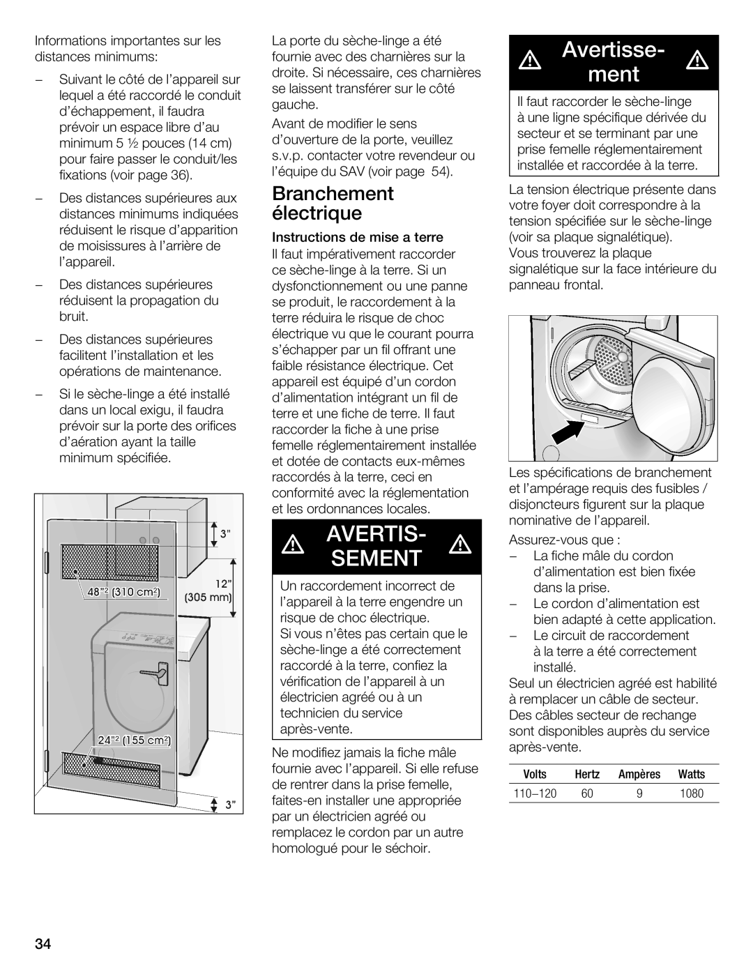 Bosch Appliances WTMC 3510UC, WTMC 3500UC installation instructions Avertissement d, Branchement électrique 