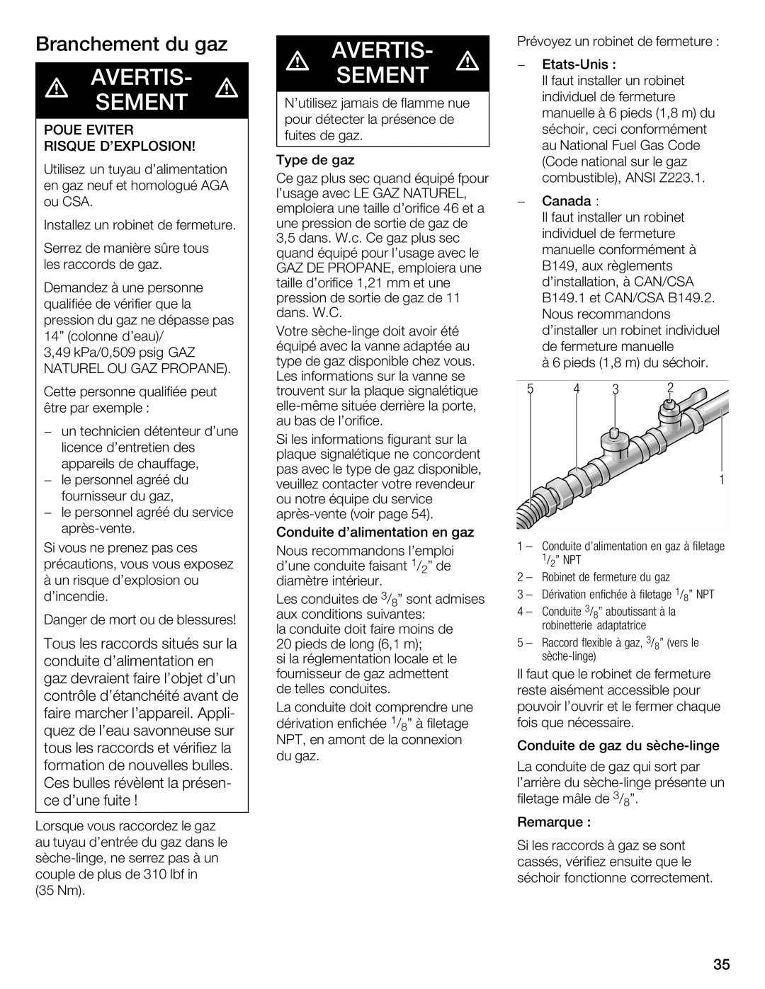 Bosch Appliances WTMC 3500UC, WTMC 3510UC installation instructions Branchement Gaz 