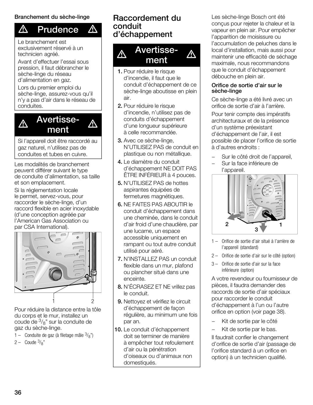 Bosch Appliances WTMC 3510UC, WTMC 3500UC Raccordement, Conduit, Déchappement, NE Faites PAS, Nécrasez ET NE 