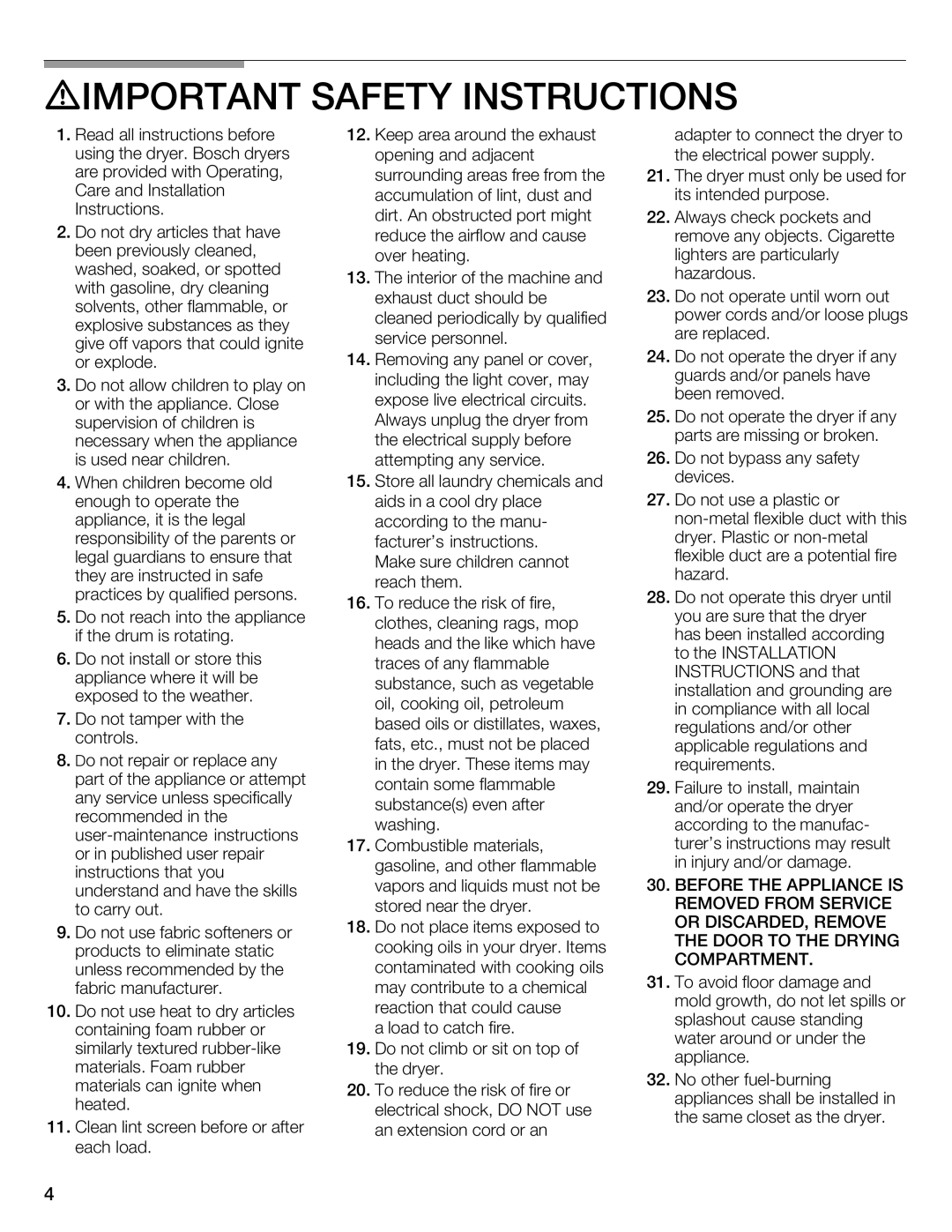 Bosch Appliances WTMC 3510UC, WTMC 3500UC installation instructions DIMPORTANT Safety Instructions 