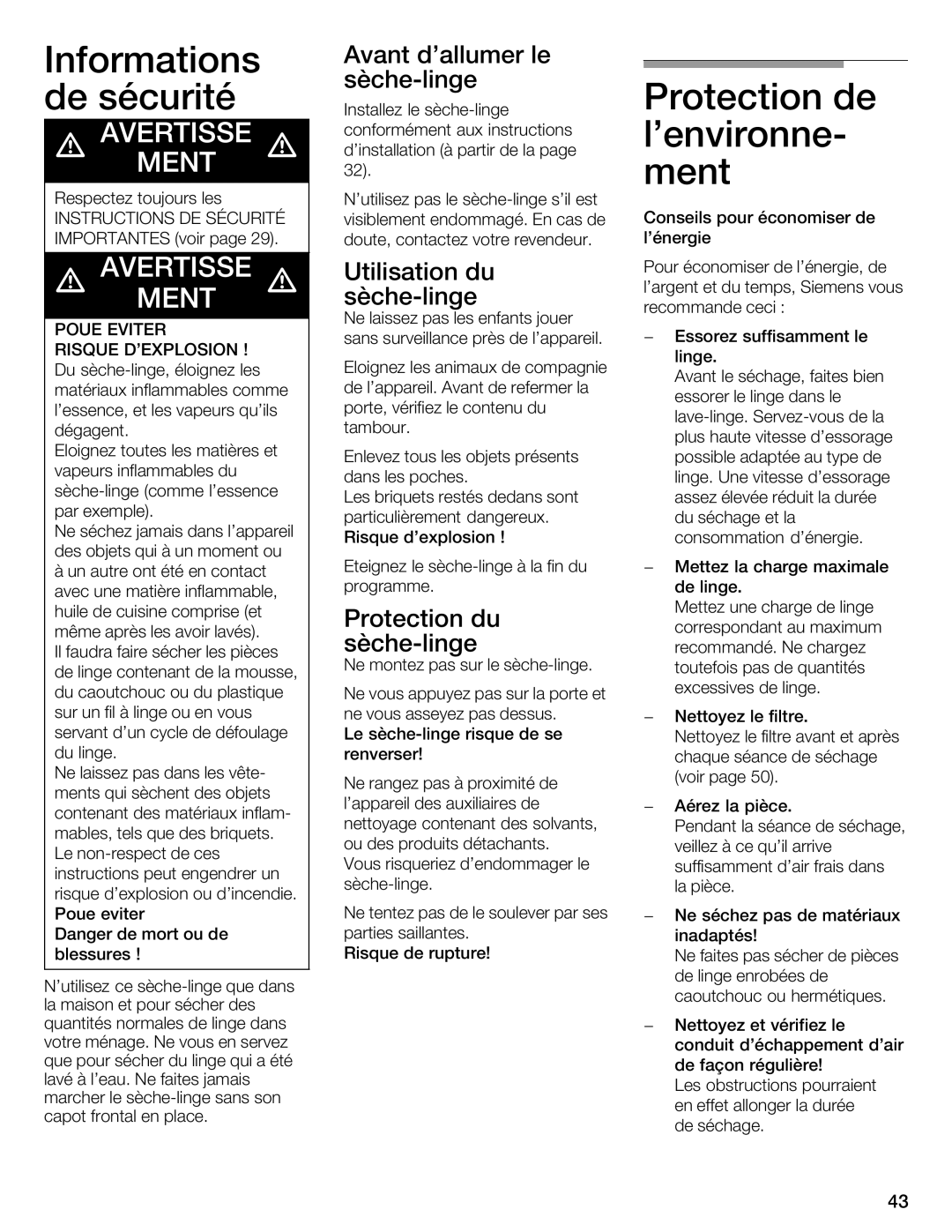 Bosch Appliances WTMC 3500UC, WTMC 3510UC Informations de sécurité, Protection de lenvironne ment, Risque Dexplosion 