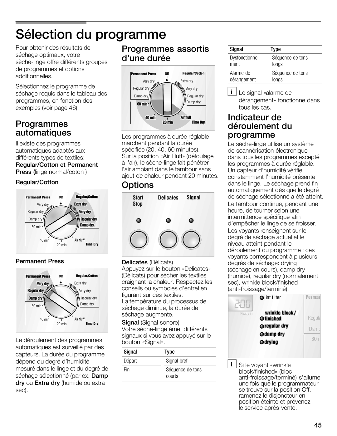 Bosch Appliances WTMC 3500UC, WTMC 3510UC Sélection du programme, Programmes assortis, Dune durée, Programmes automatiques 