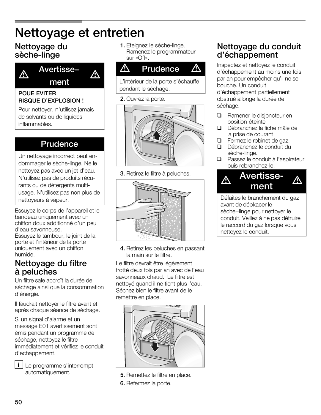 Bosch Appliances WTMC 3510UC, WTMC 3500UC Nettoyage Entretien, Nettoyage Conduit Sèchelinge, Nettoyage Filtre, Peluches 