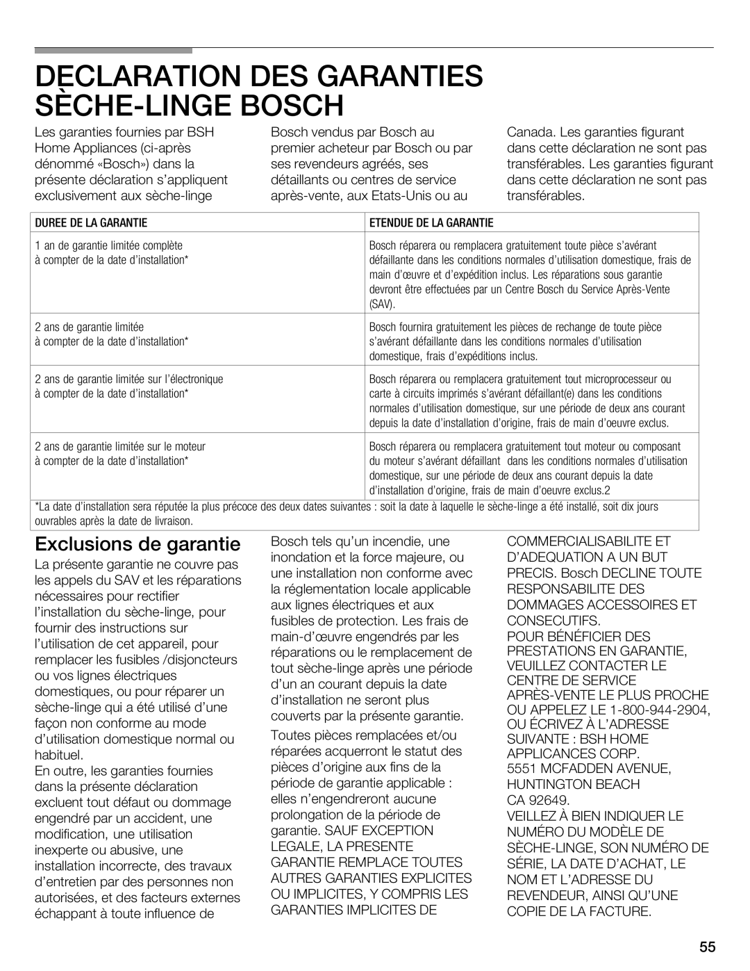 Bosch Appliances WTMC 3500UC, WTMC 3510UC installation instructions Exclusions Garantie 