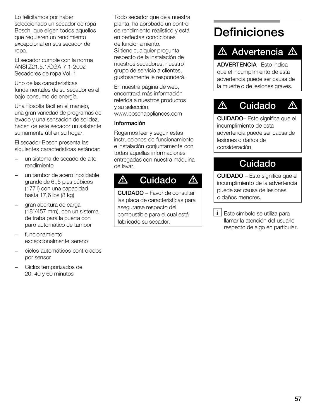 Bosch Appliances WTMC 3500UC, WTMC 3510UC installation instructions Definiciones, Advertencia d, Cuidado d 