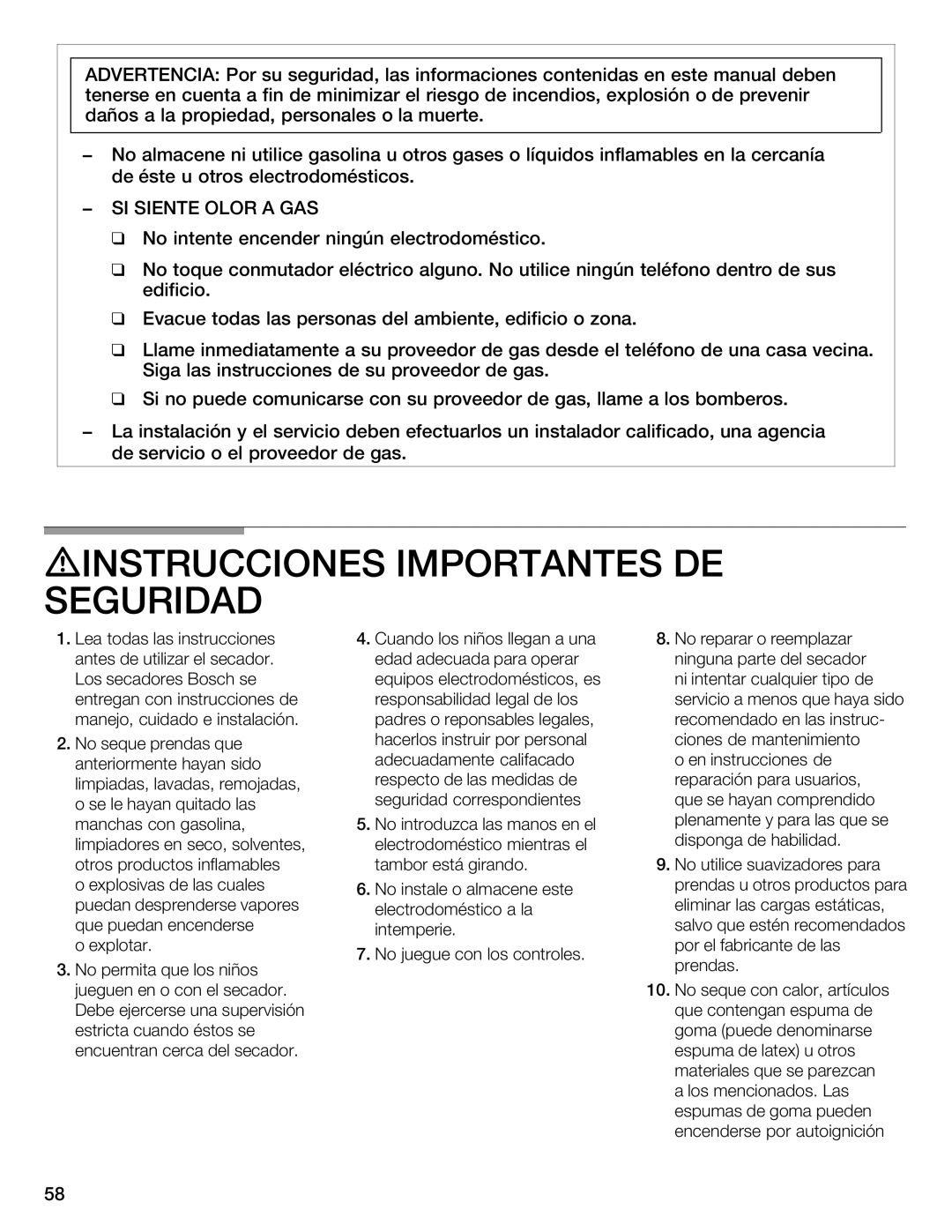 Bosch Appliances WTMC 3510UC, WTMC 3500UC DINSTRUCCIONES Importantes DE Seguridad, SI Siente Olor a GAS 