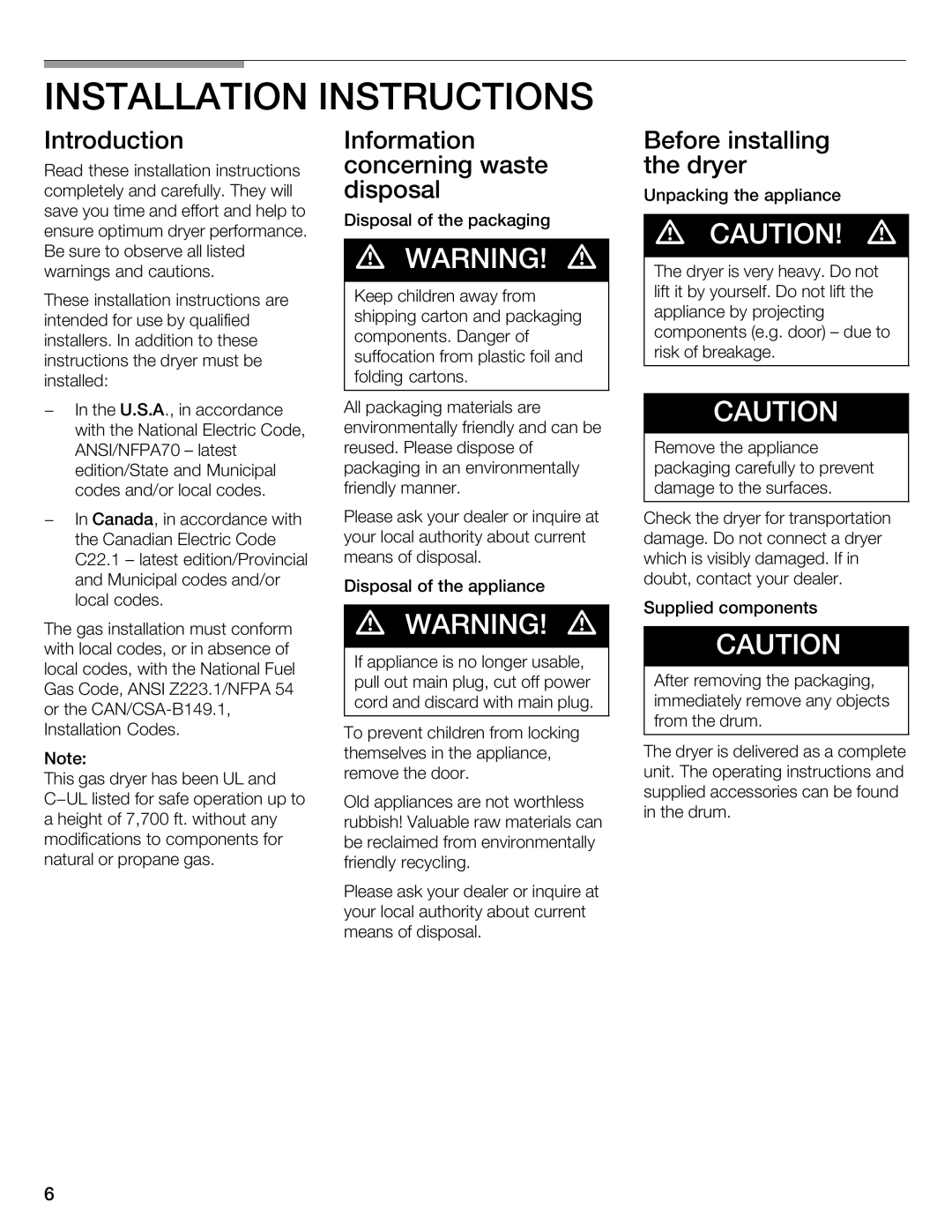 Bosch Appliances WTMC 3510UC Introduction Information, Concerning Waste, Disposal, Before installing the dryer 