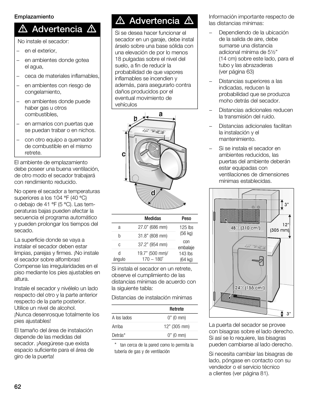 Bosch Appliances WTMC 3510UC, WTMC 3500UC installation instructions Emplazamiento 