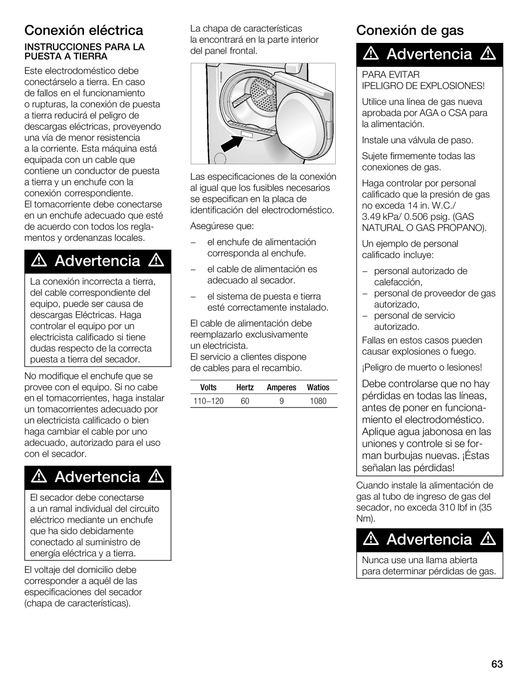 Bosch Appliances WTMC 3500UC, WTMC 3510UC Advertencia, Conexión eléctrica, Conexión de gas, Para, Gas 