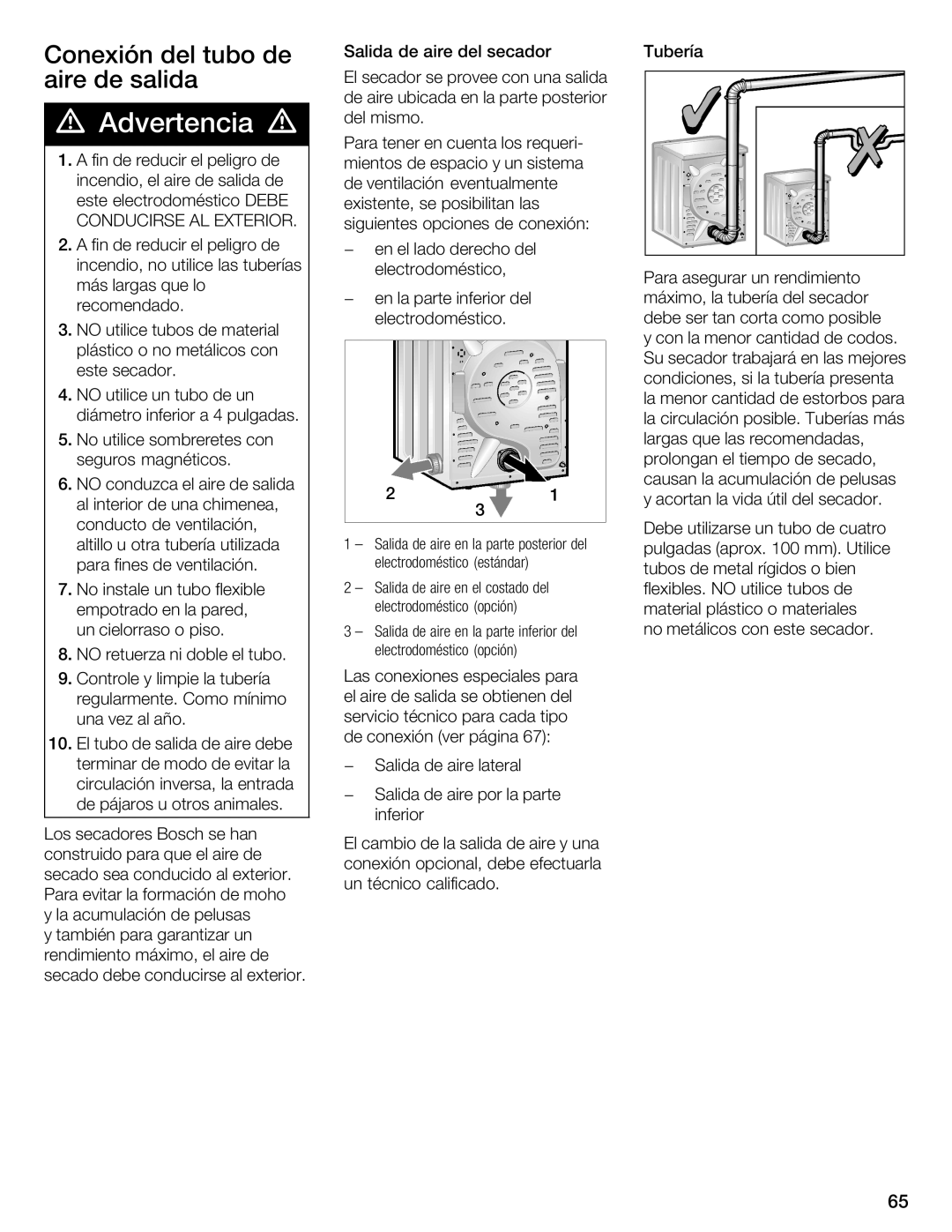 Bosch Appliances WTMC 3500UC, WTMC 3510UC installation instructions Conexión Del tubo, Aire de Salida, Debe 