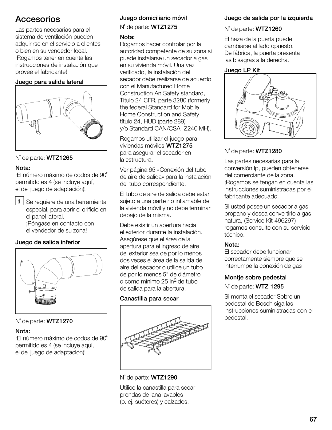 Bosch Appliances WTMC 3500UC, WTMC 3510UC installation instructions Accesorios, Cfr, CAN/CSA-Z240 