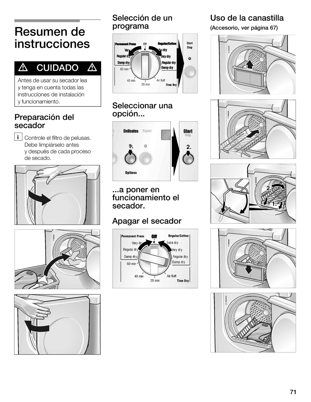 Bosch Appliances WTMC 3500UC Resumen de instrucciones, Preparación del secador, Selección de un Uso de Canastilla Programa 