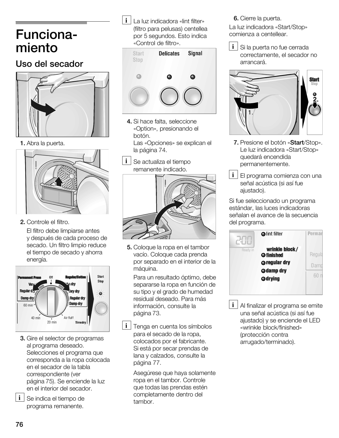 Bosch Appliances WTMC 3510UC, WTMC 3500UC installation instructions Funciona miento, Uso del secador 