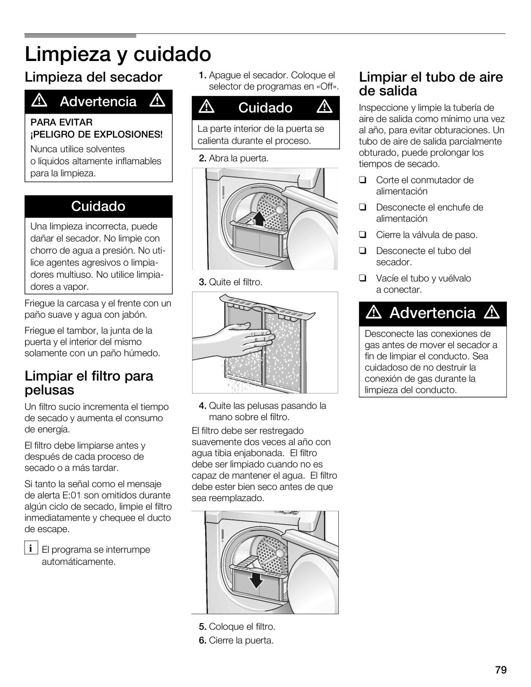 Bosch Appliances WTMC 3500UC, WTMC 3510UC Limpieza y cuidado, Limpieza del secador, Limpiar Filtro Para, Pelusas 