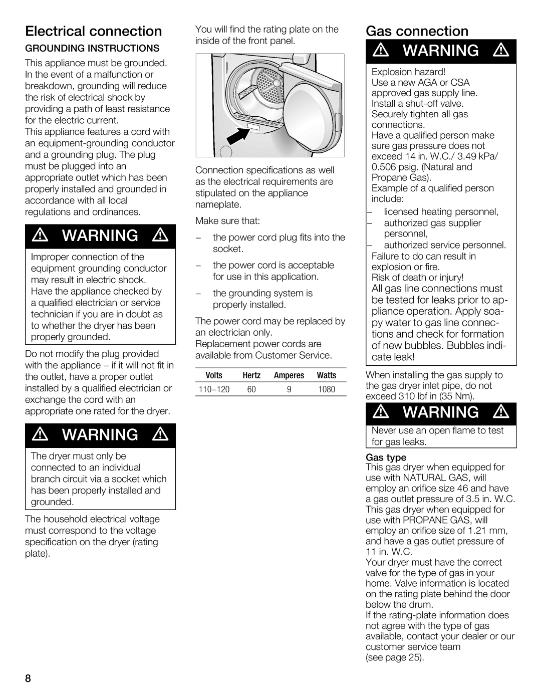 Bosch Appliances WTMC 3510UC, WTMC 3500UC Electrical Connection, Gas, Grounding Instructions, Csa, Aga 