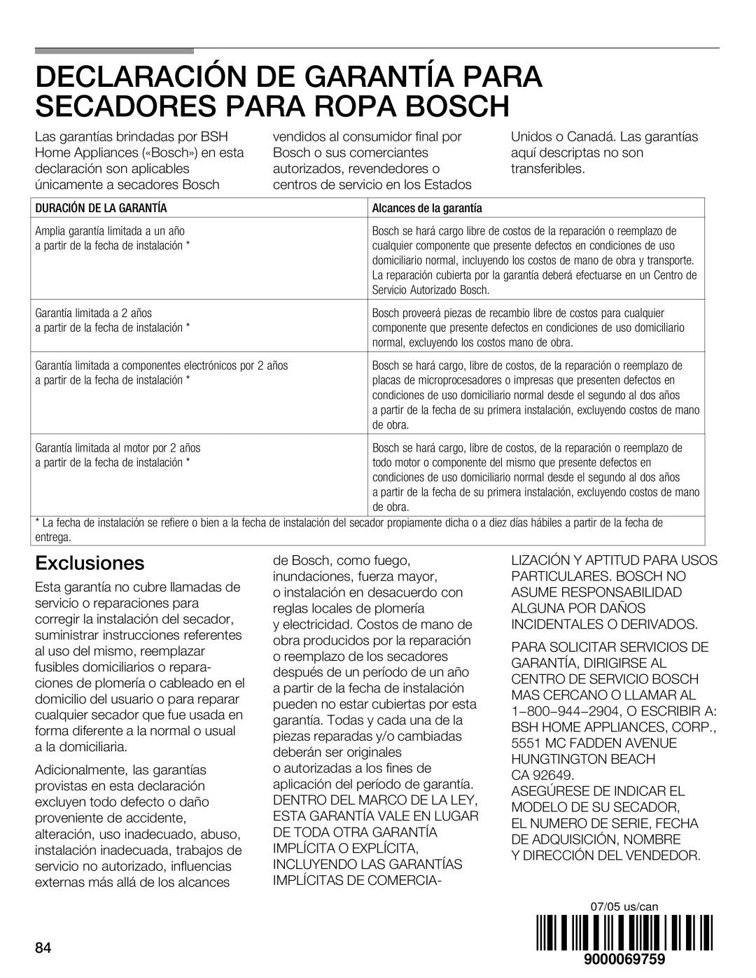 Bosch Appliances WTMC 3510UC, WTMC 3500UC installation instructions Exclusiones 