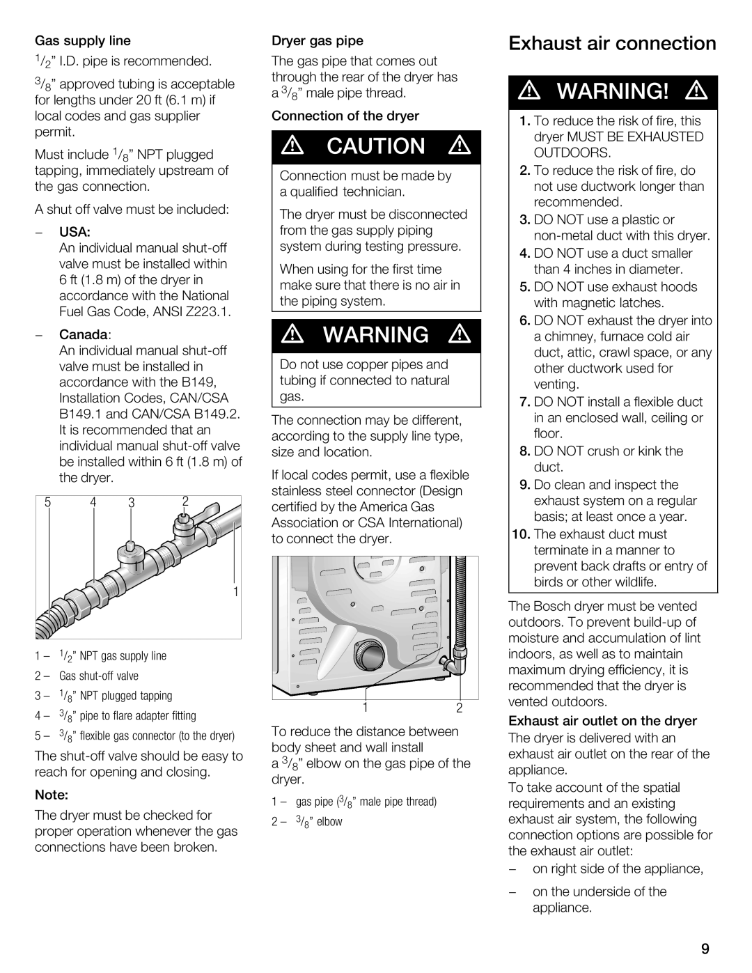 Bosch Appliances WTMC 3500UC, WTMC 3510UC installation instructions Exhaust Air Connection, Must be, Outdoors, Usa, Can/Csa 