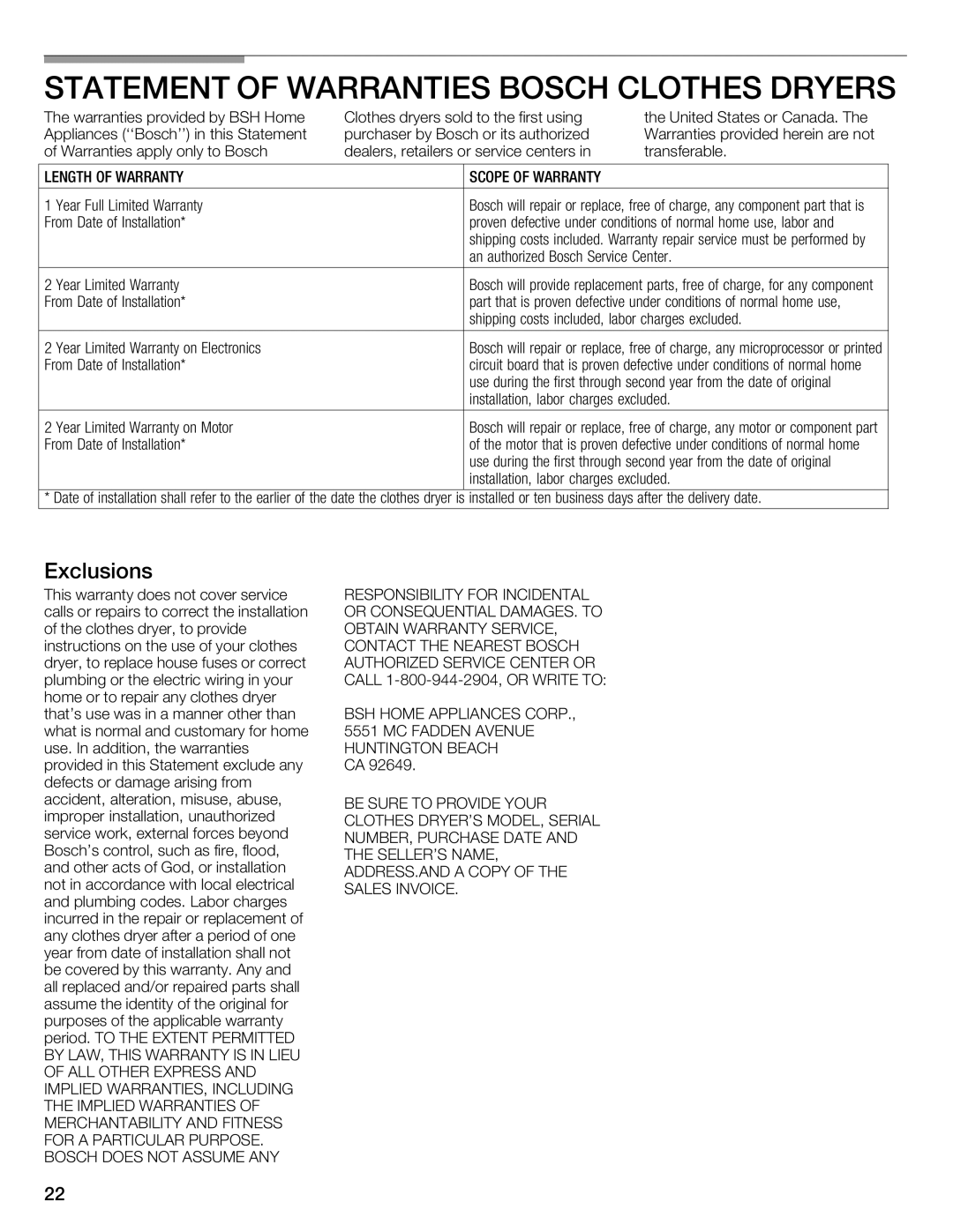 Bosch Appliances WTMC1501UC installation instructions Length of Warranty Scope of Warranty 