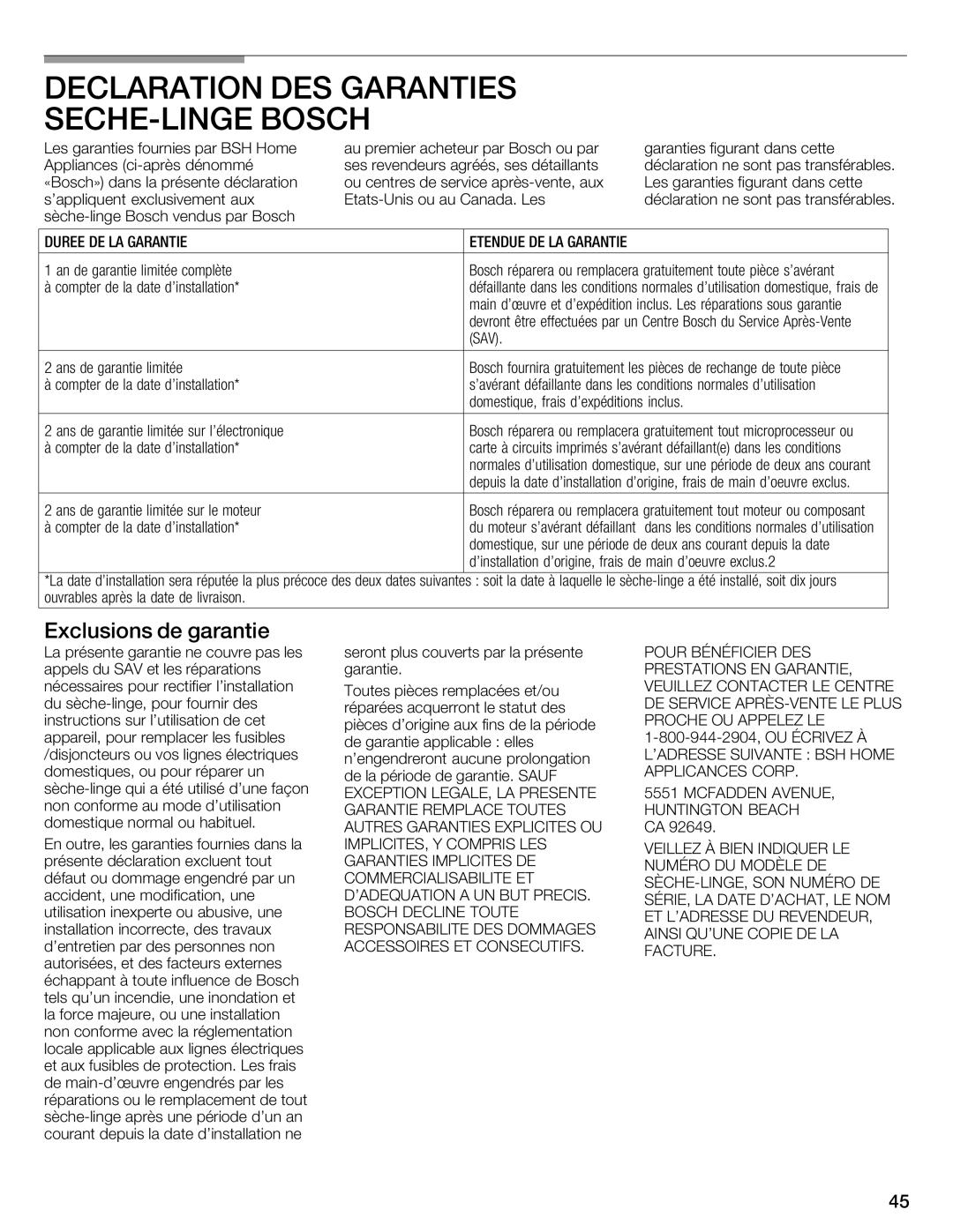 Bosch Appliances WTMC1501UC installation instructions Duree DE LA Garantie Etendue DE LA Garantie 