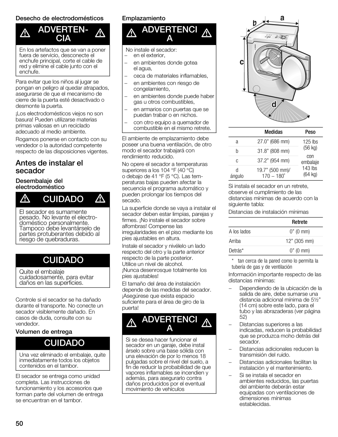 Bosch Appliances WTMC1501UC installation instructions Medidas Peso Retrete 