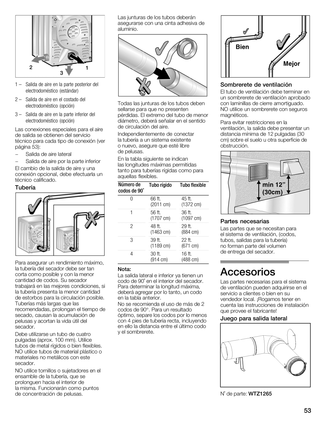 Bosch Appliances WTMC1501UC installation instructions Número de Tubo rígido Tubo flexible Codos de 