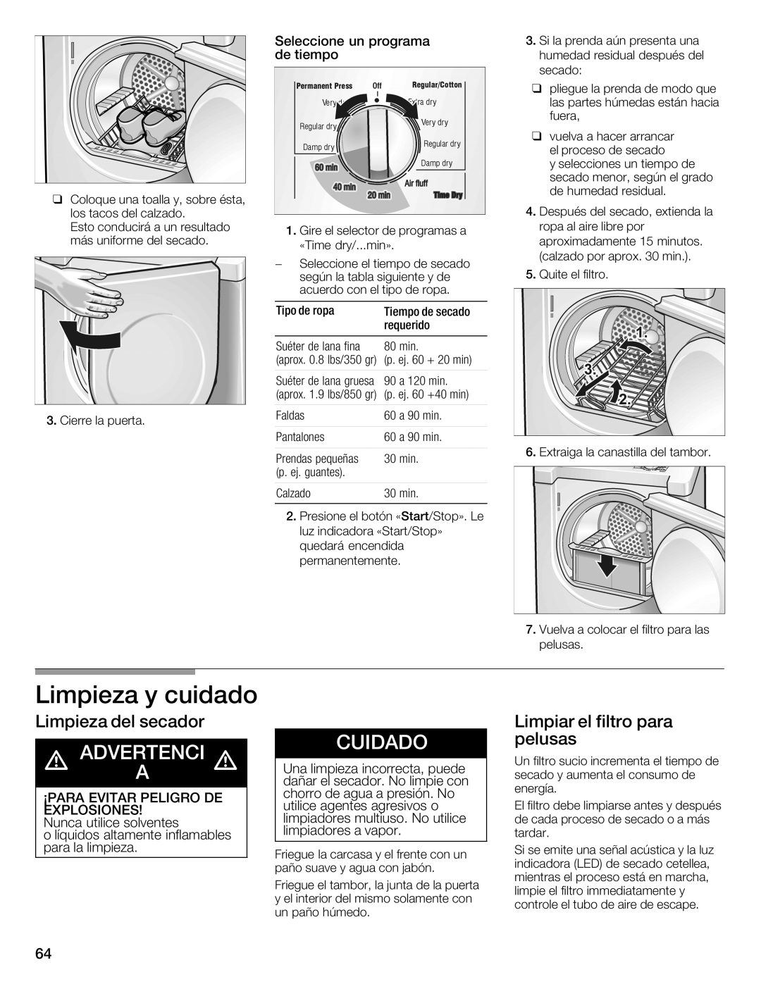 Bosch Appliances WTMC1501UC installation instructions Tipo de ropa Tiempo de secado Requerido 