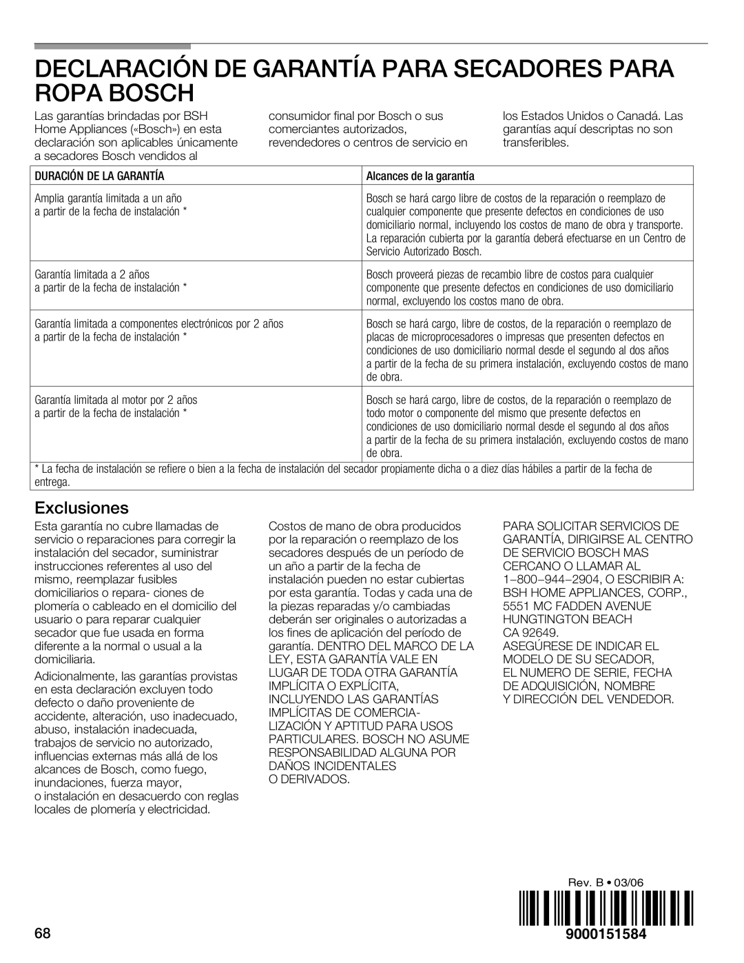 Bosch Appliances WTMC1501UC installation instructions 9000151584 