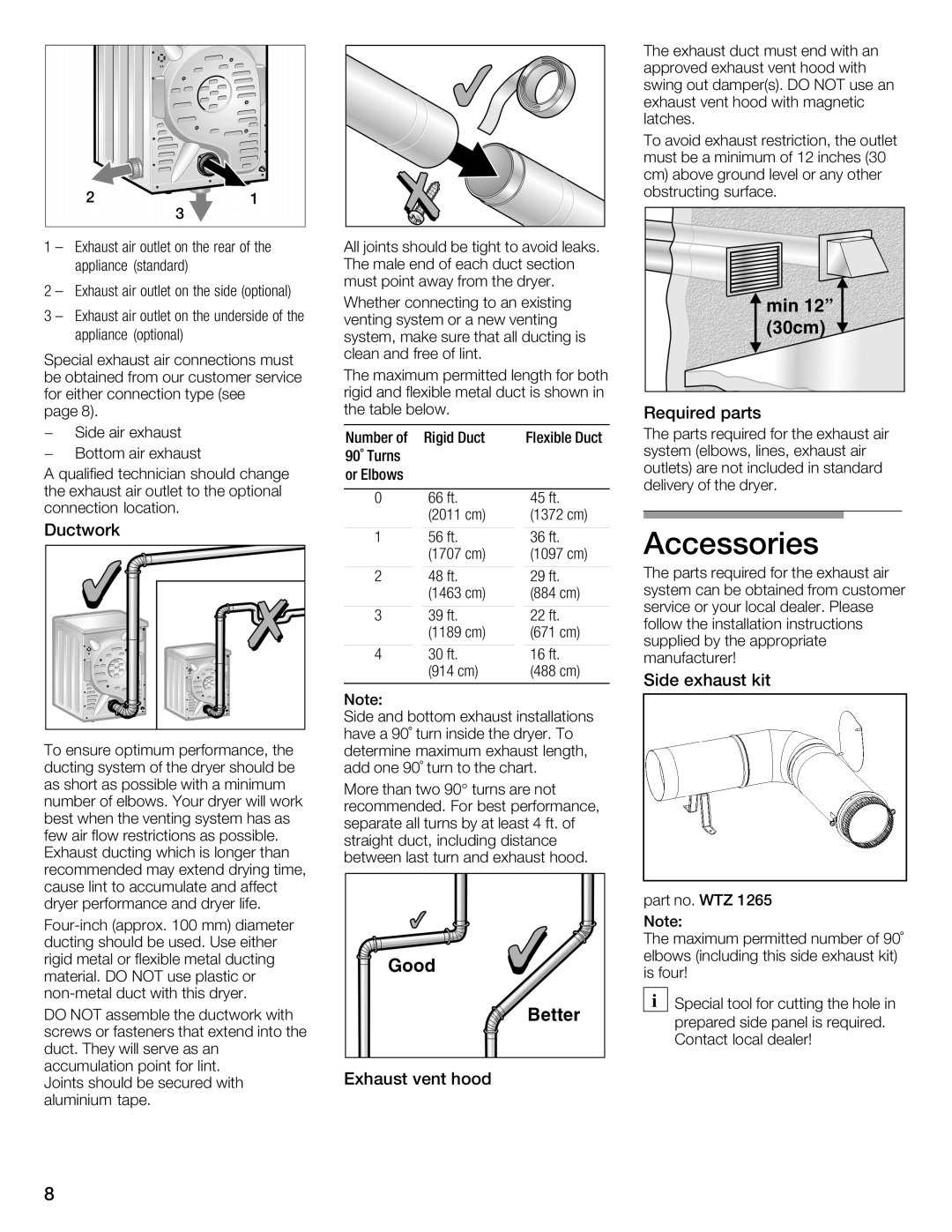 Bosch Appliances WTMC1501UC installation instructions Number of Rigid Duct 