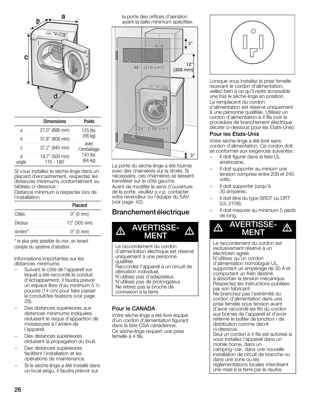 Bosch Appliances WTMC3321US, WTMC332SCN, WTMC332SUS, WTMC3321CN installation instructions Dimensions Poids Placard 