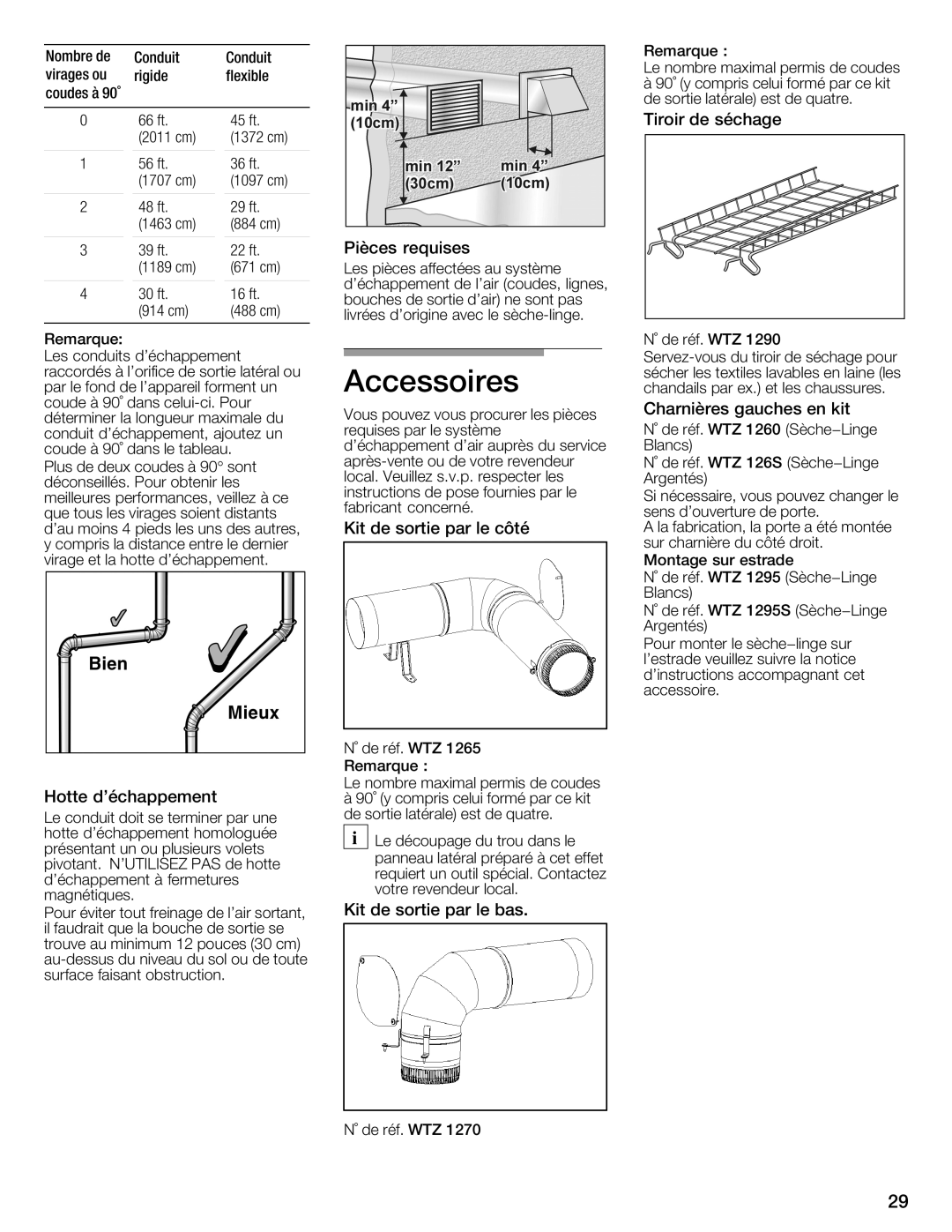 Bosch Appliances WTMC332SUS, WTMC332SCN, WTMC3321US, WTMC3321CN Nombre de Conduit Virages ou Rigide Flexible Coudes à 