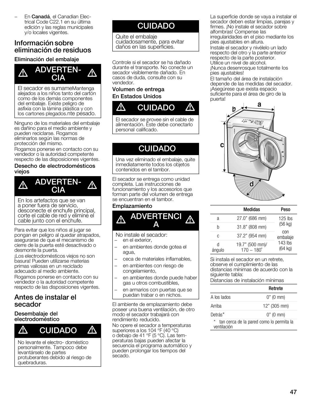 Bosch Appliances WTMC3321CN, WTMC332SCN, WTMC332SUS, WTMC3321US installation instructions Medidas Peso Retrete 