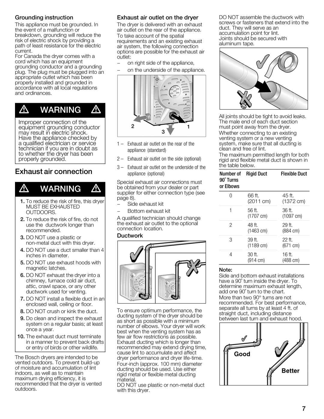 Bosch Appliances WTMC3321CN, WTMC332SCN, WTMC332SUS, WTMC3321US installation instructions Number of Rigid Duct 