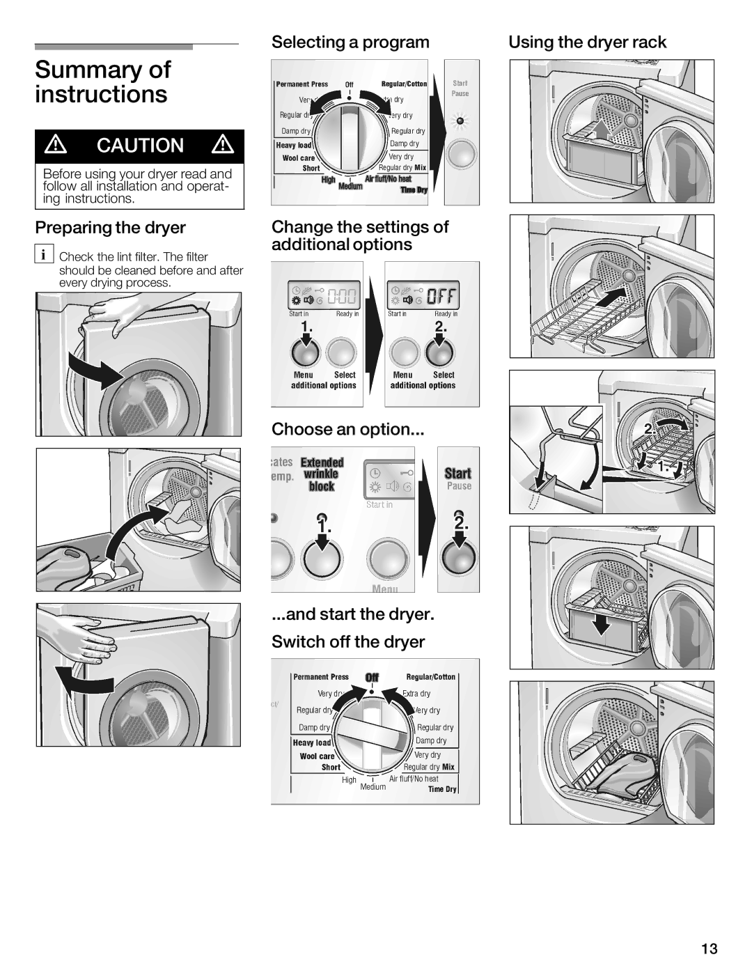 Bosch Appliances WTMC6521UC Summary of instructions, Selecting a program Using the dryer rack, Additional options 