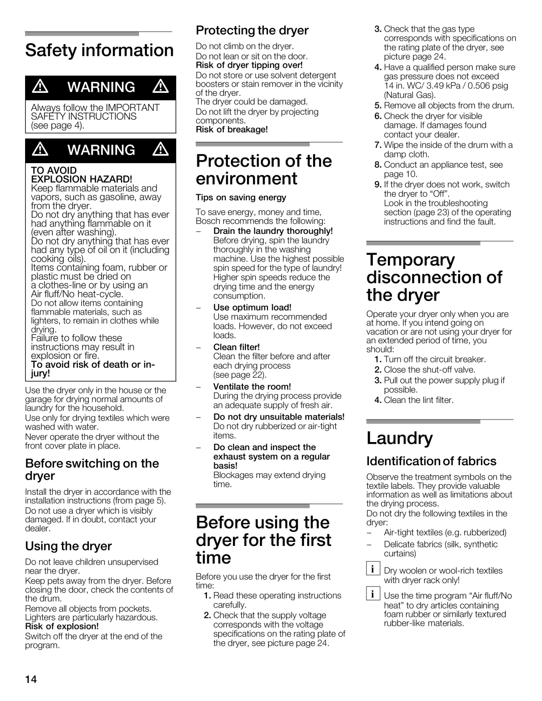 Bosch Appliances WTMC6521UC Safety information, Protection, Environment, Temporary, Disconnection, Dryer, Before Using 